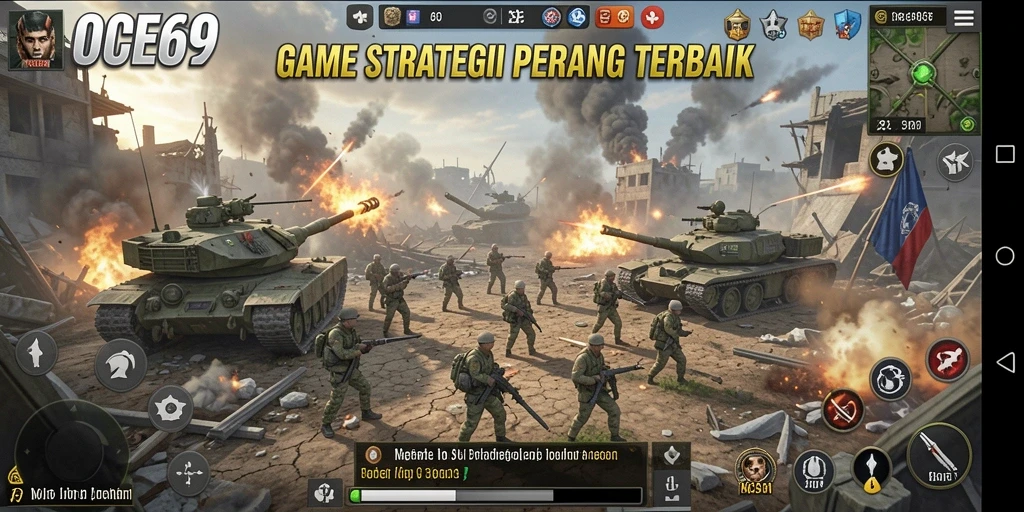 Screenshot gameplay OCE69 menunjukkan peperangan mendebarkan dan taktik strategi.