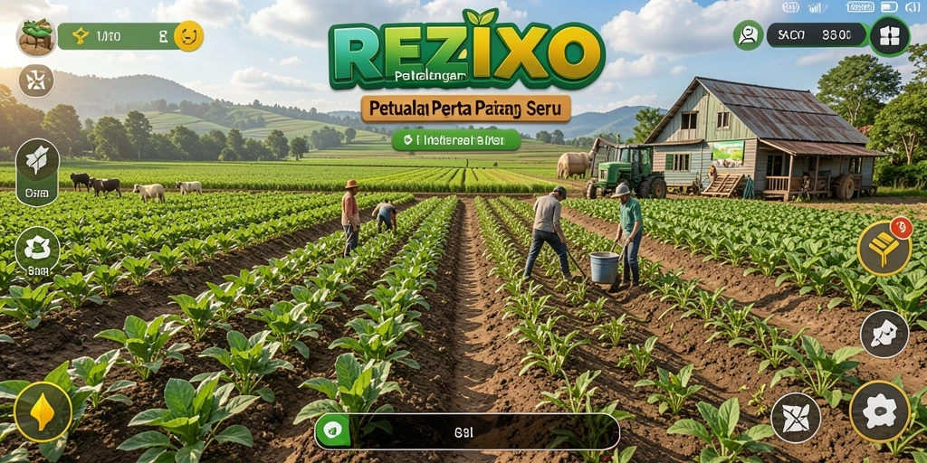 Tampilan gameplay <strong>REZIXO</strong> dengan lahan pertanian yang indah.