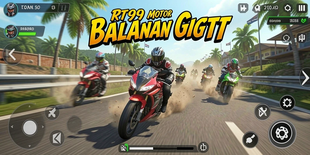Screenshot gameplay RT99 dengan aksi balapan motor yang seru.